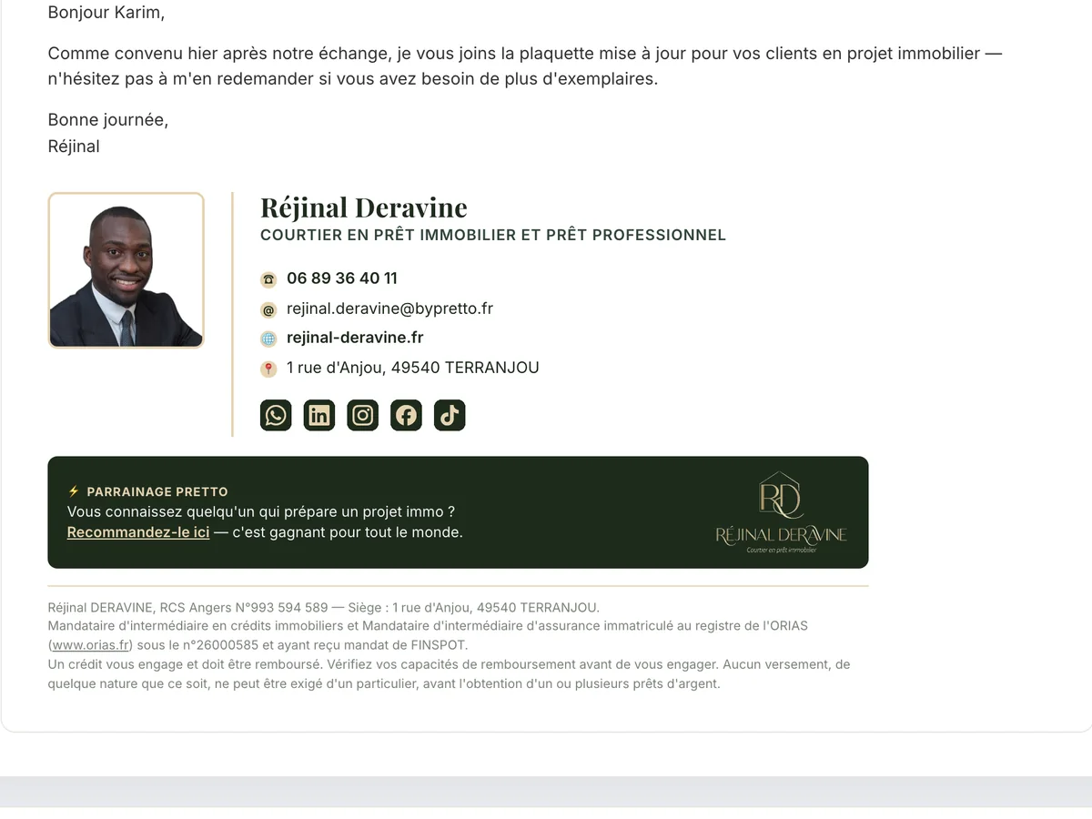 La signature mail HTML de Réjinal Deravine
